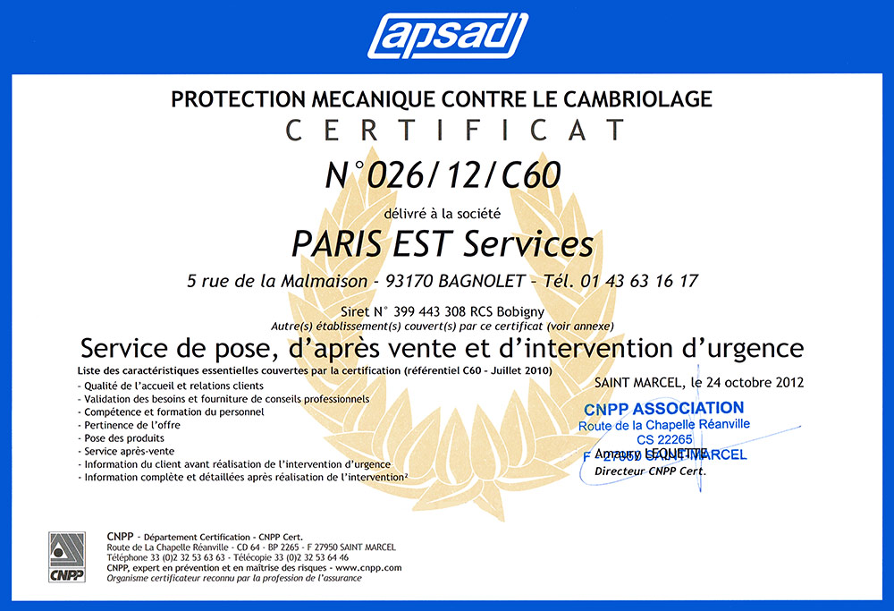 Certification Apsad A2P services